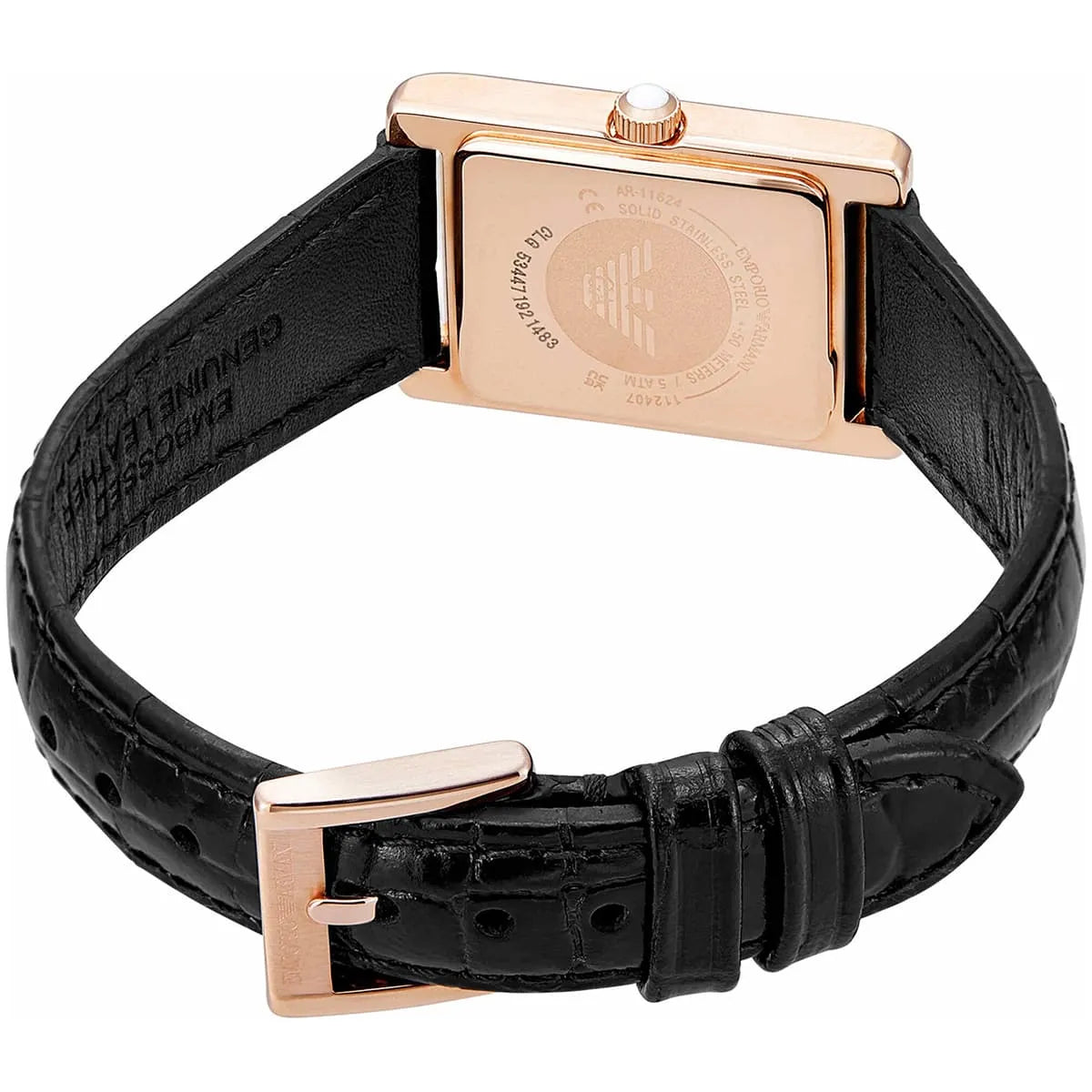 Emporio Armani Genni AR11624 women's watch caseback showing rose gold case with Emporio Armani eagle logo and black leather strap