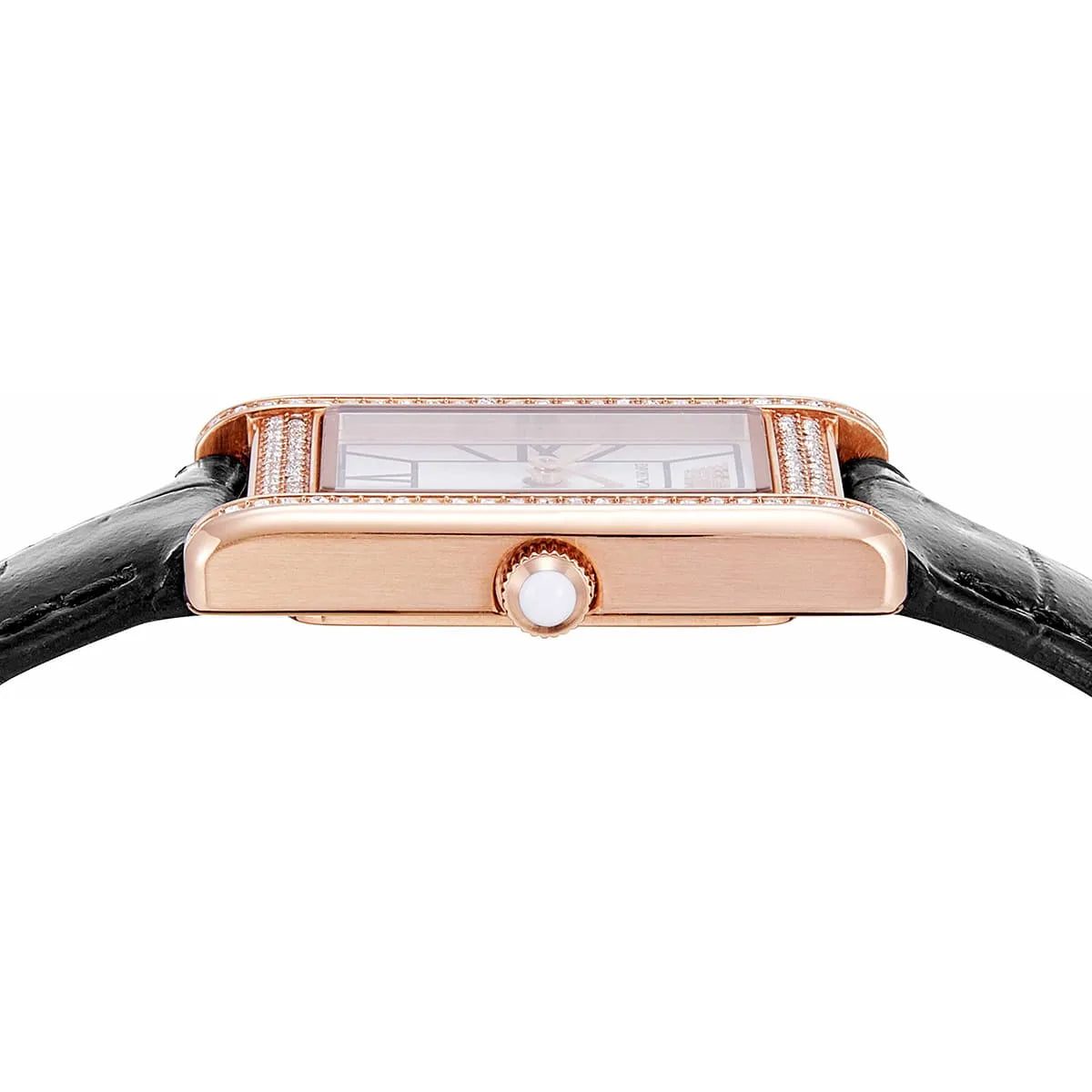 Emporio Armani Genni AR11624 women's watch side view showing rose gold case thickness, crystal bezel, and black leather strap