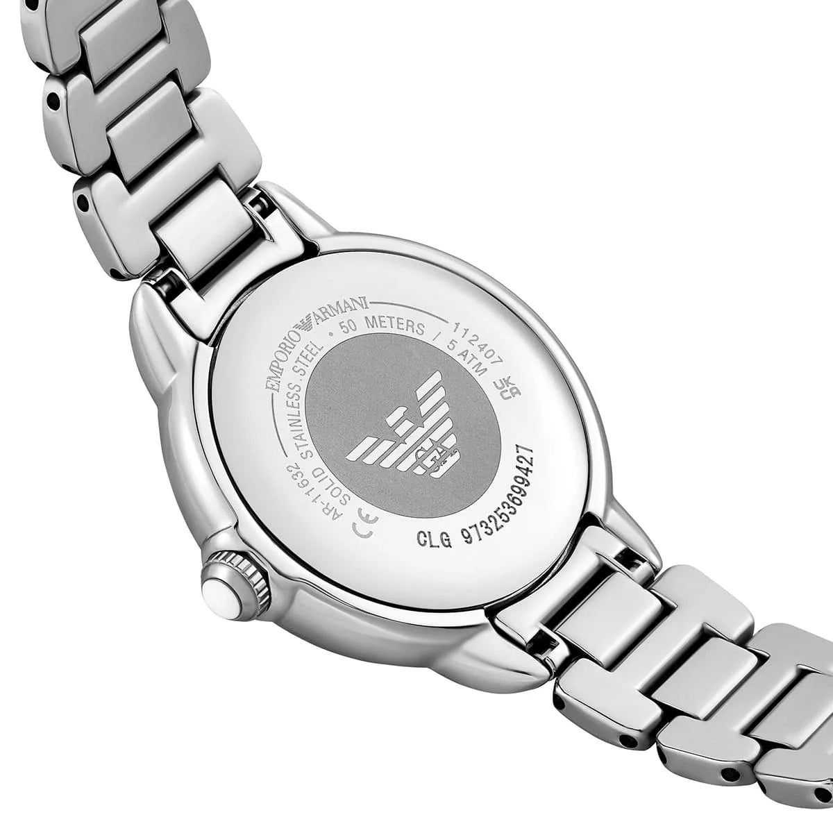Caseback of Emporio Armani Mia AR11632 showing stainless steel case and water resistance markings