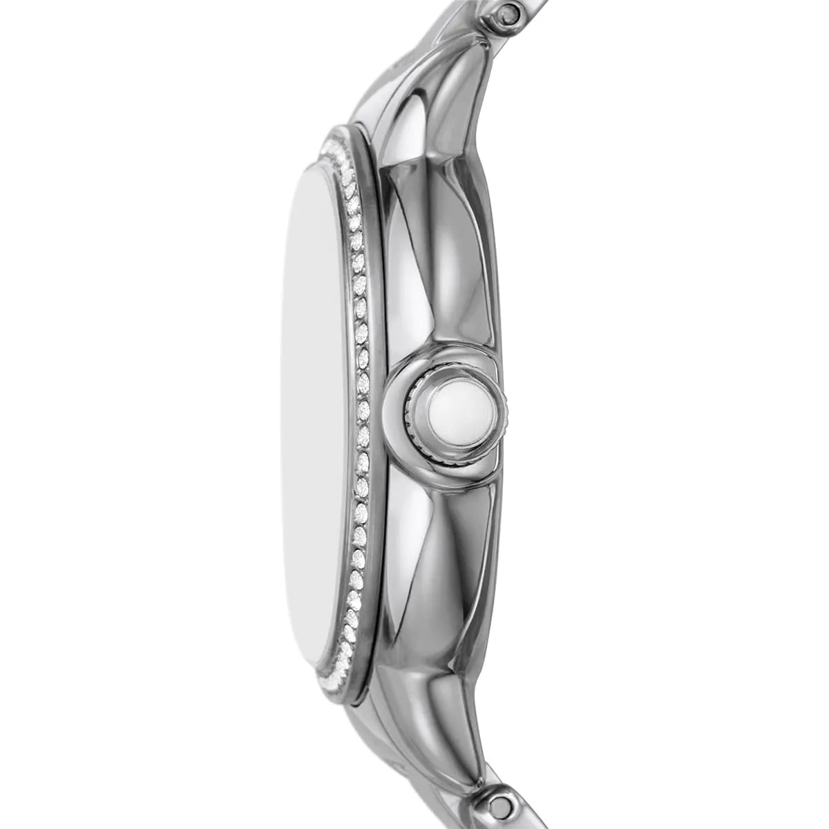 Side profile of Emporio Armani Mia watch showing slim case and bracelet detail