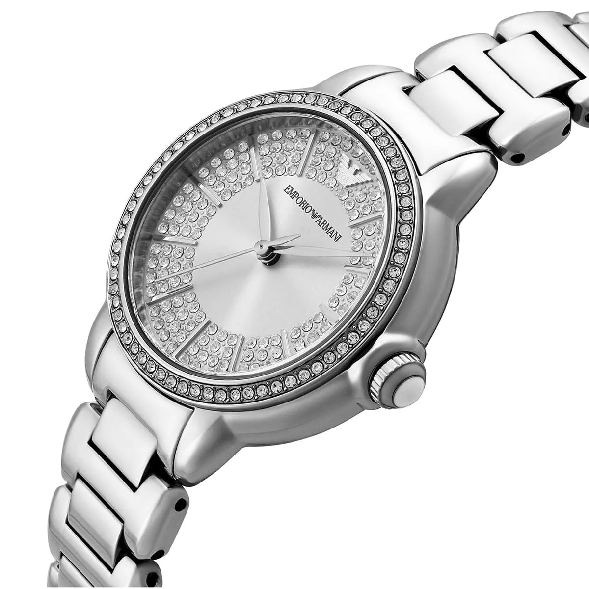 Side view of Emporio Armani Mia women's watch with crystal bezel and dial detail