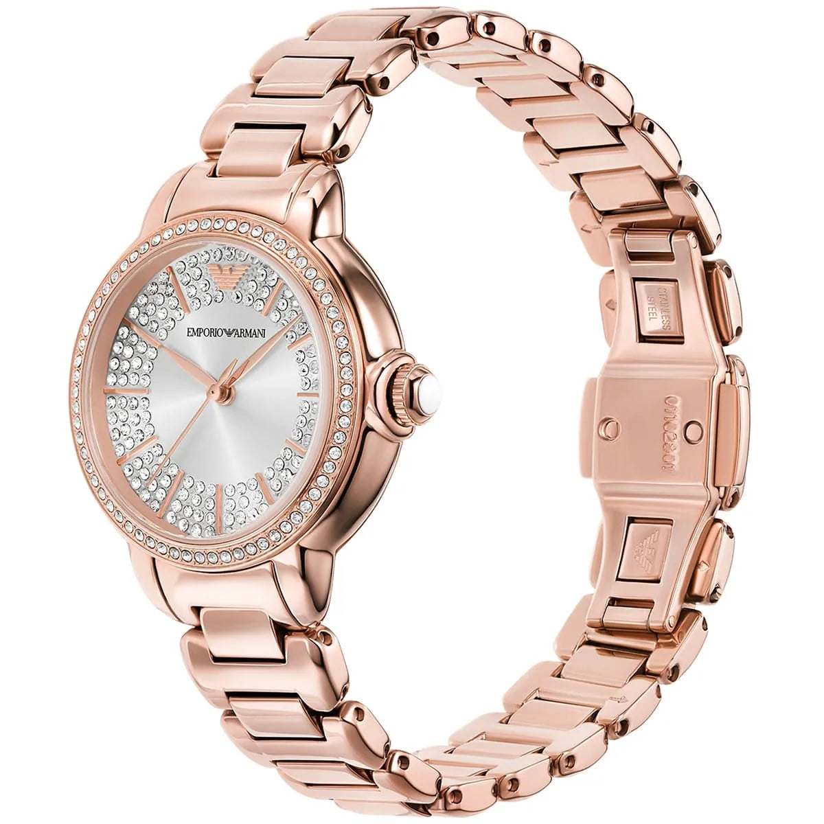Emporio Armani Mia rose-gold women's watch angled view showing crystal dial and bracelet