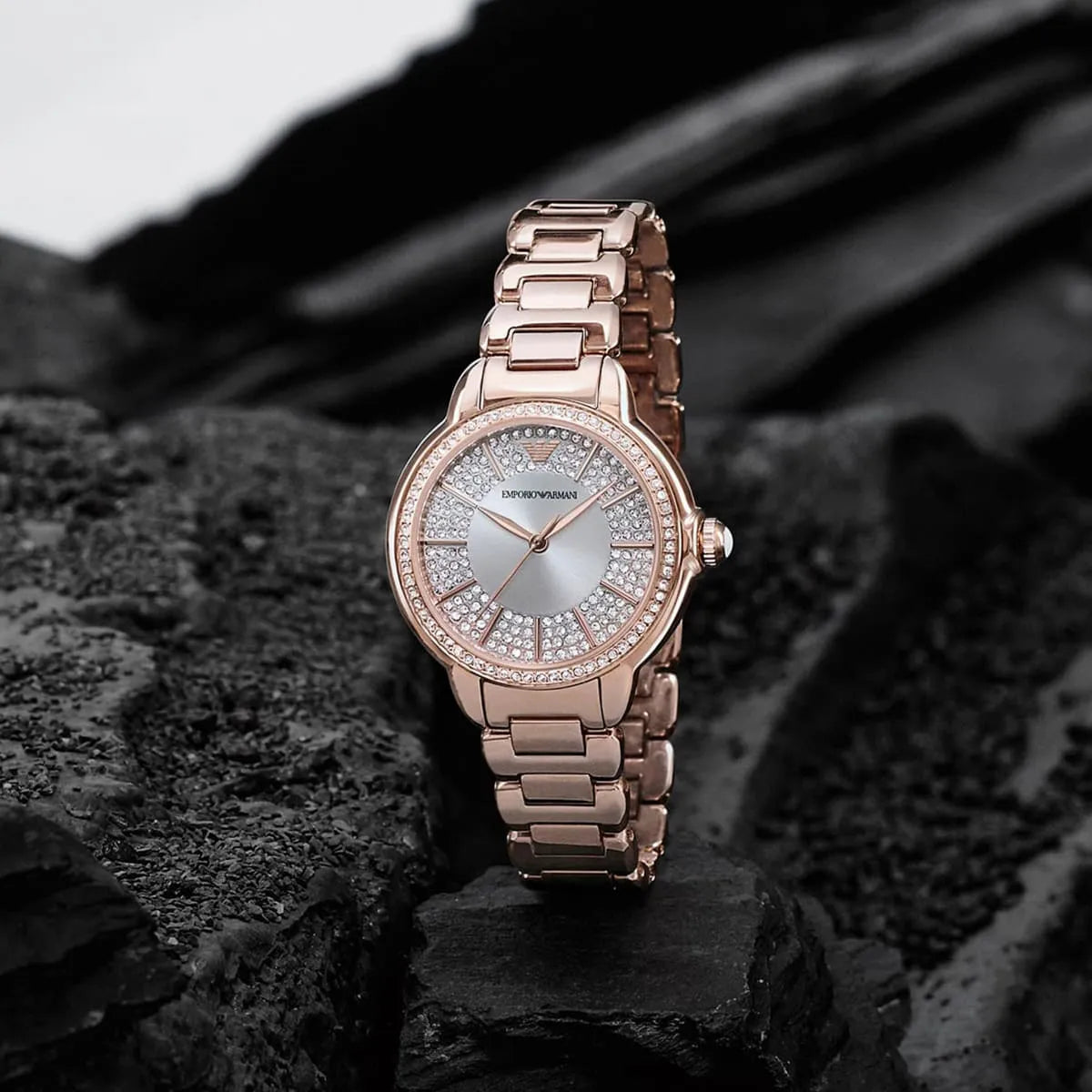 Emporio Armani Mia rose-gold women's watch styled on black marble