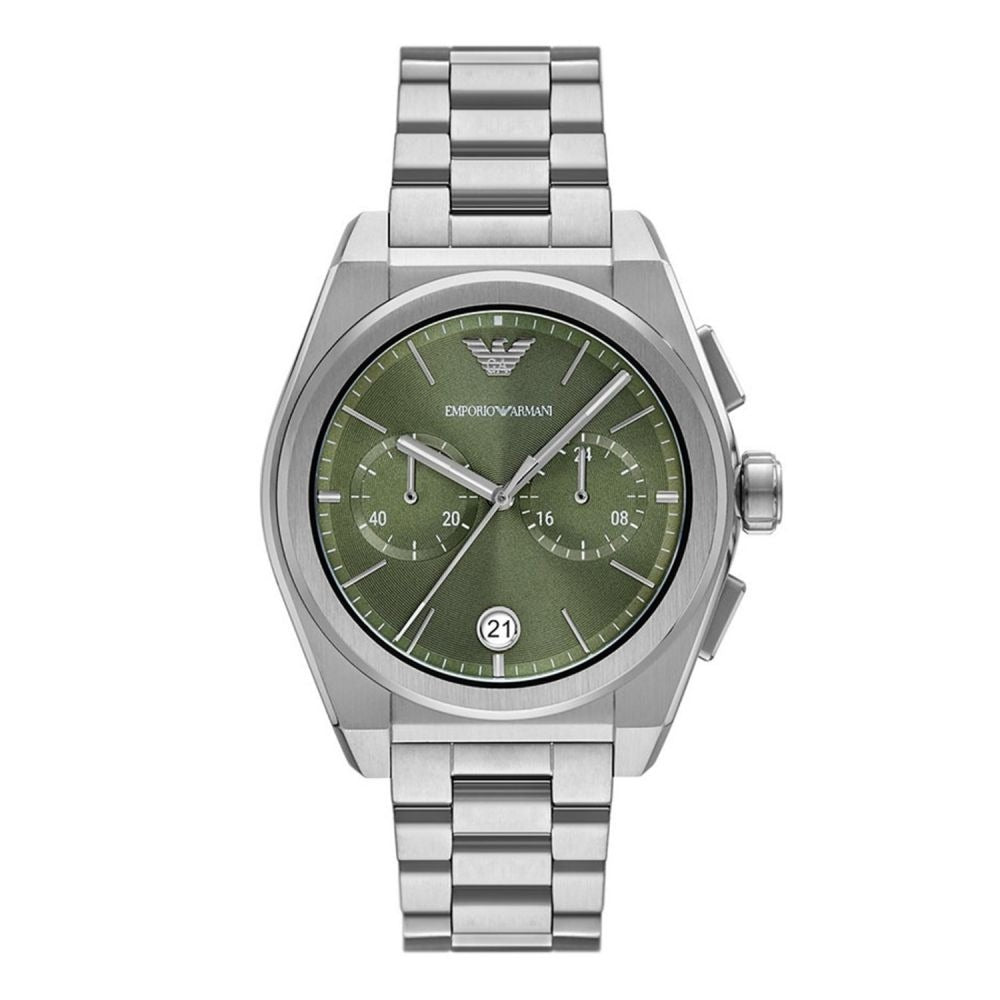 Emporio Armani Federico Chronograph Green Dial Silver Steel Strap Men Watch -  AR11640