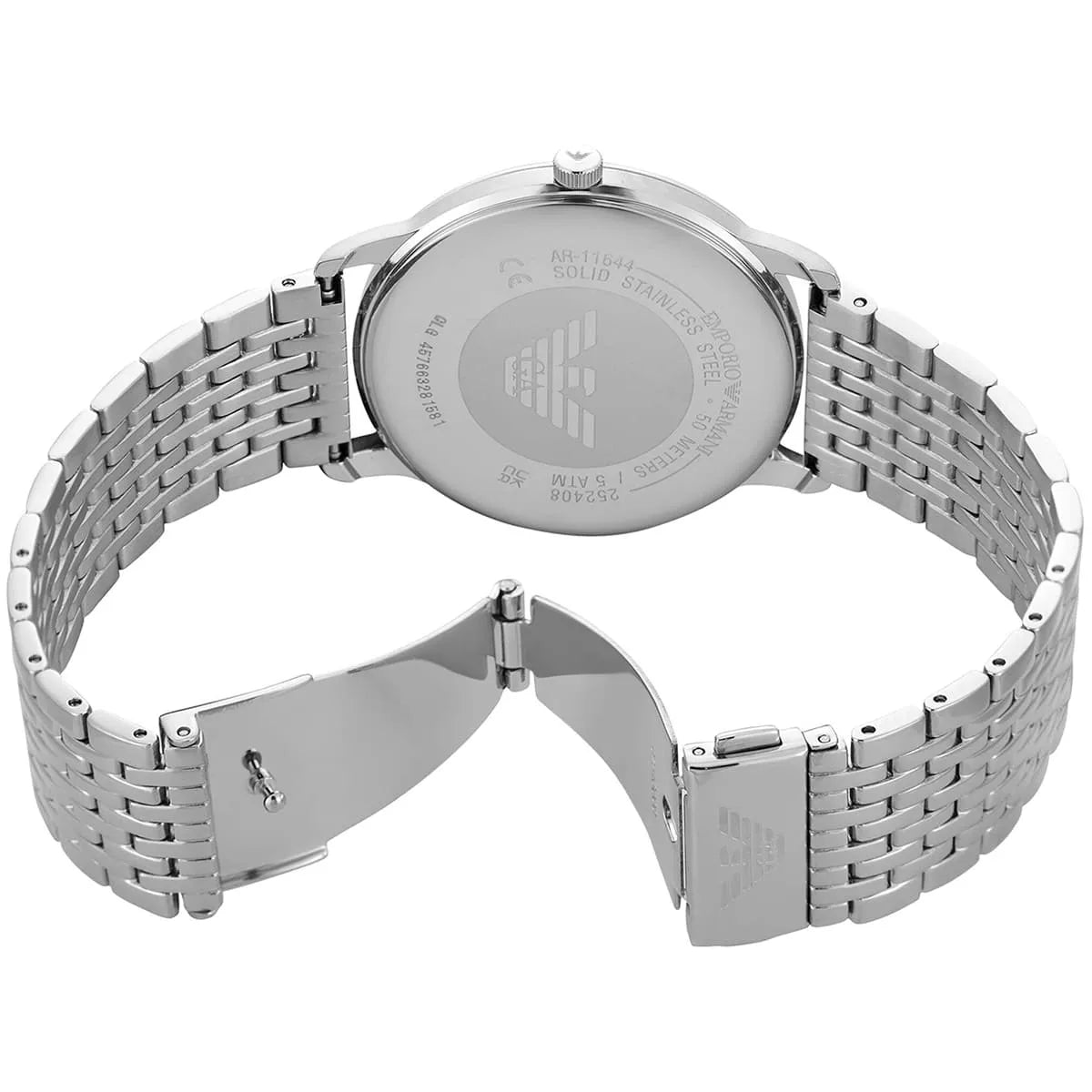 Watch caseback showing stainless steel with engraved eagle logo and case details