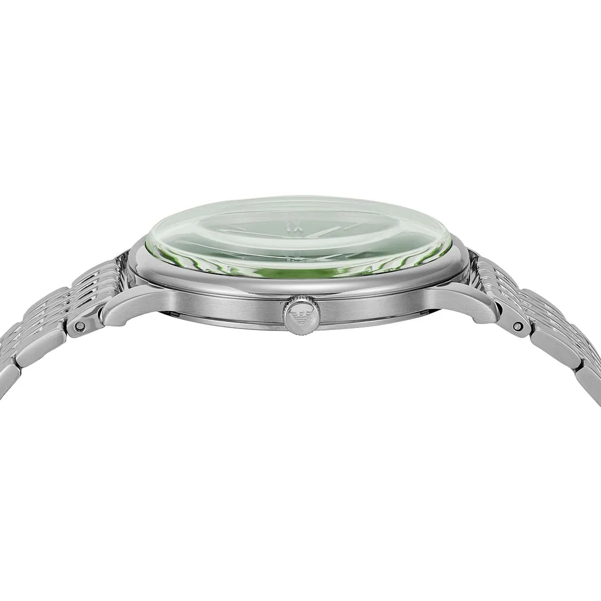 Close-up detail of green dial with white hour markers, Roman numerals, and crystal edge view