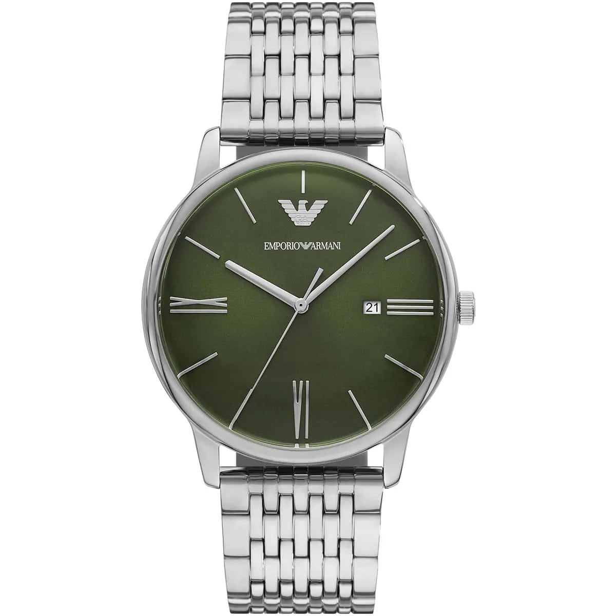 Men's minimalist quartz watch with green dial, silver stainless steel case and bracelet, white hour markers