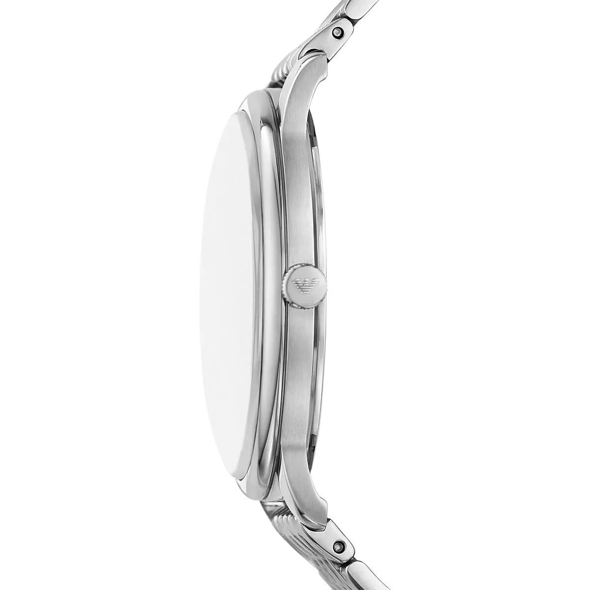 Side profile of watch case with integrated stainless steel bracelet and crown detail