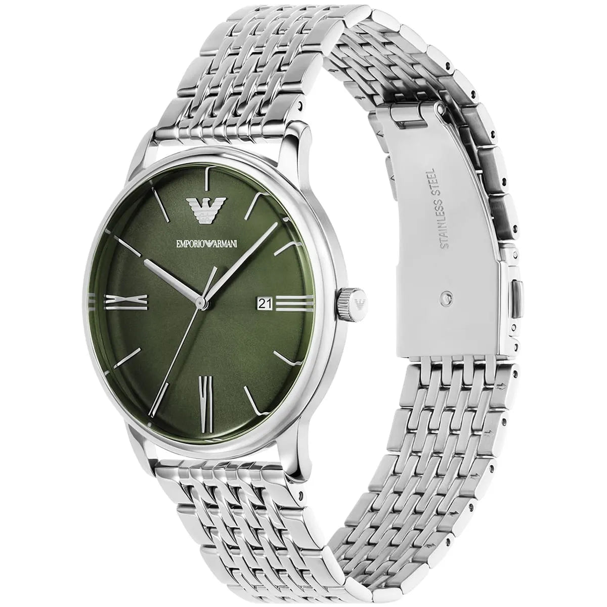 Side profile of watch with stainless steel bracelet showing case thickness and strap link construction