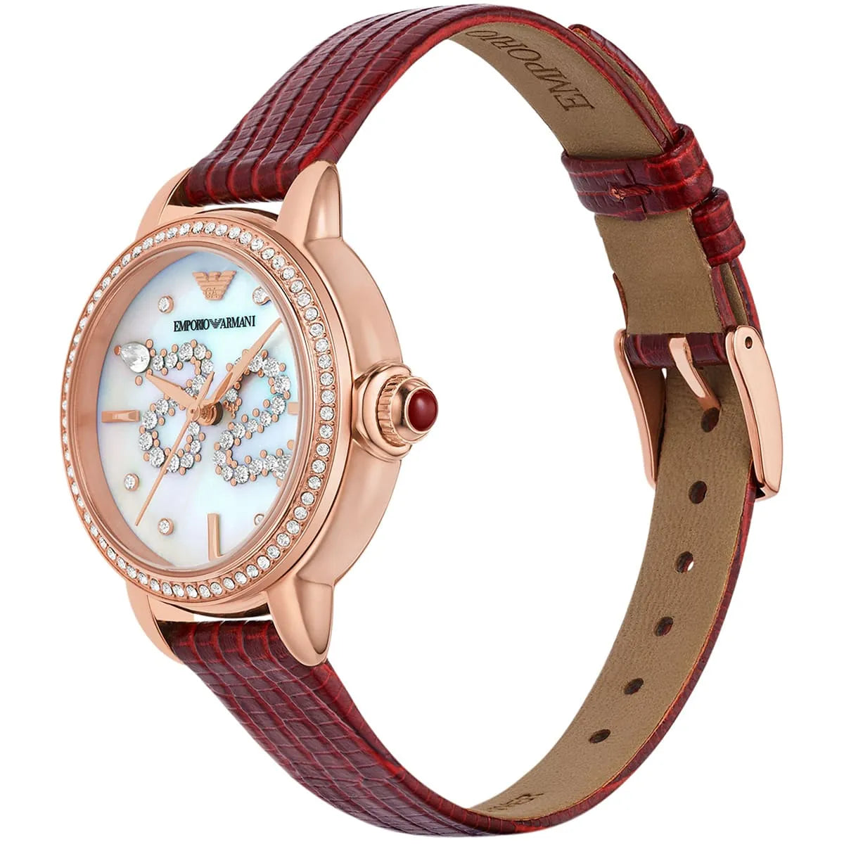 Side angle view of AR11646 Mia watch showing rose gold case, red leather strap, and white dial