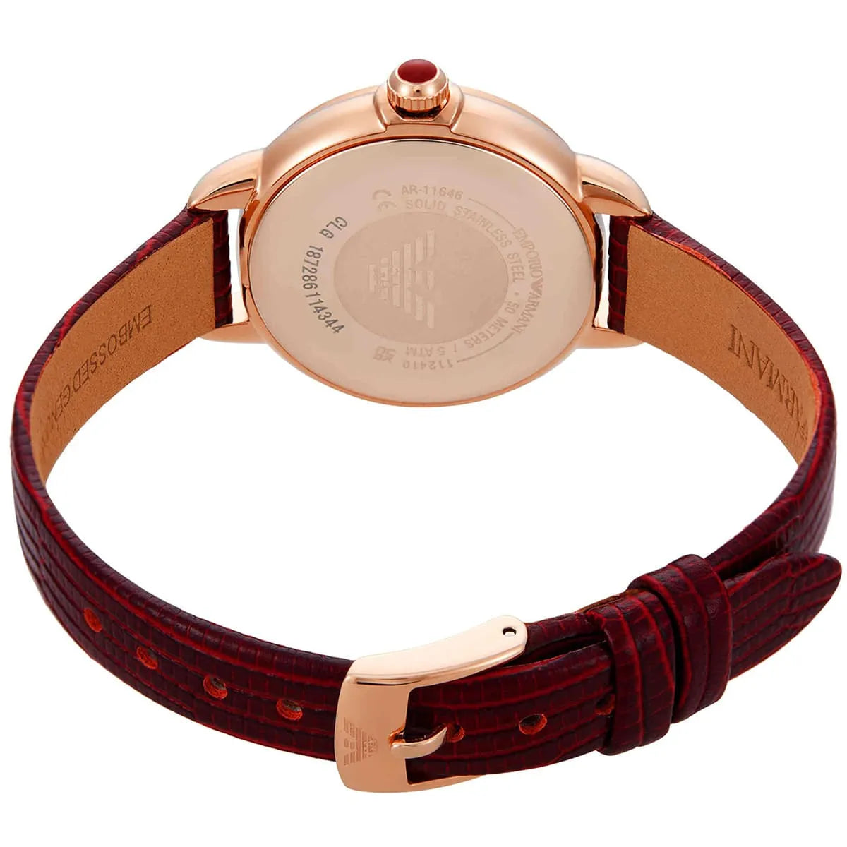 Caseback of AR11646 Emporio Armani Mia watch with rose gold case and red crocodile-texture leather strap