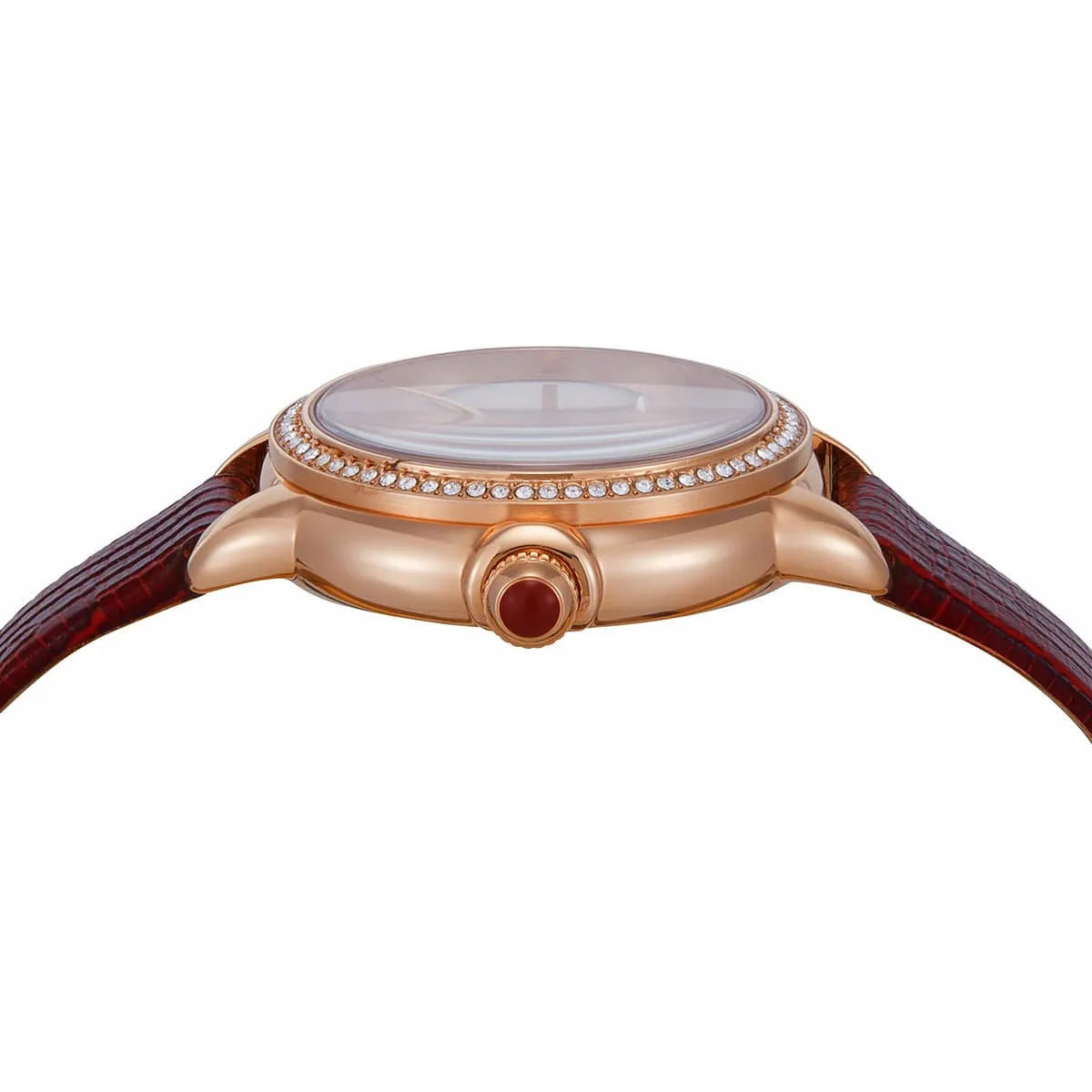 Side profile of Emporio Armani Mia AR11646 showing rose gold case with crystal-set bezel and crown