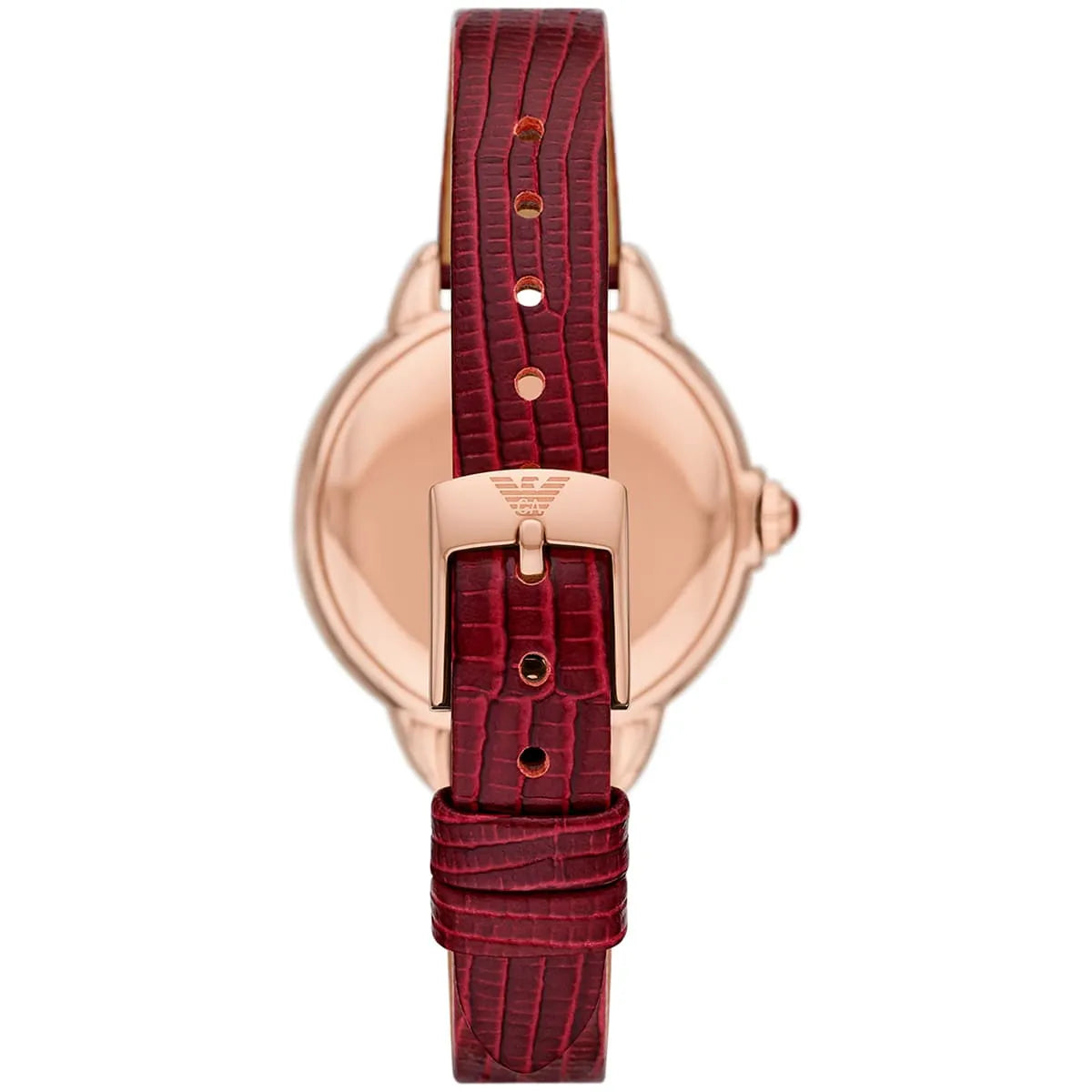 Red crocodile-texture leather strap and rose gold case of AR11646 Mia watch from above