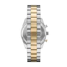 Angled view of Emporio Armani Racer showing two-tone stainless steel and gold strap