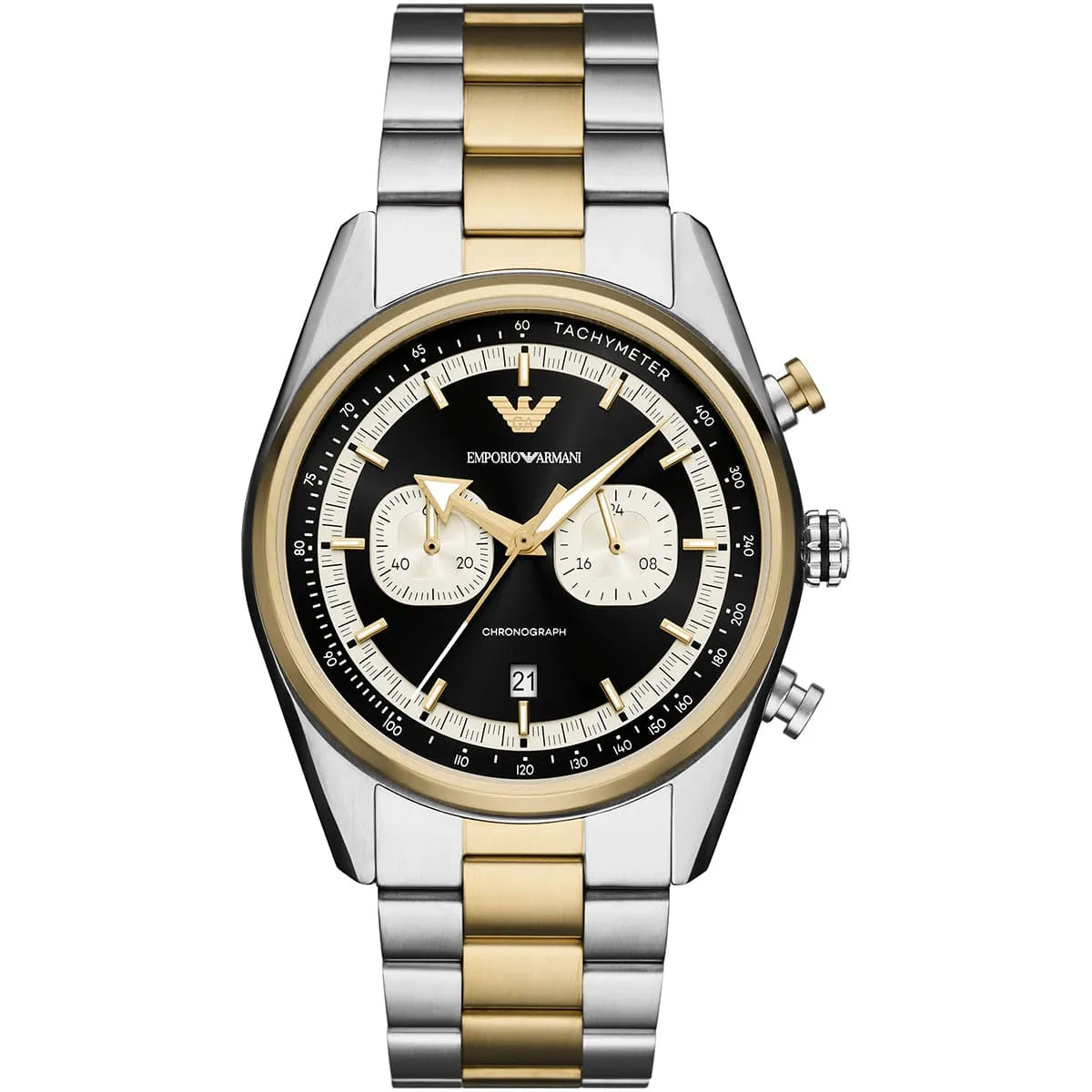 Emporio Armani Racer Chronograph Black Dial Two Tone Steel Strap Watch for Men - AR11678