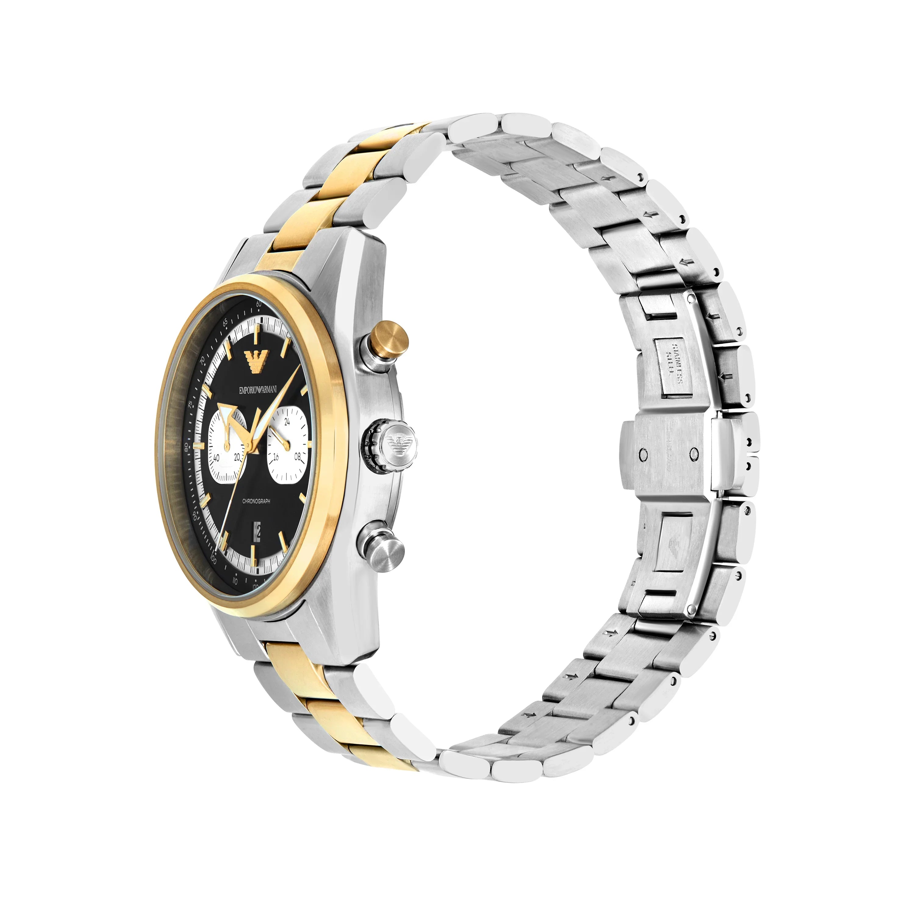 Emporio Armani Racer chronograph displayed on wrist with two-tone metal bracelet