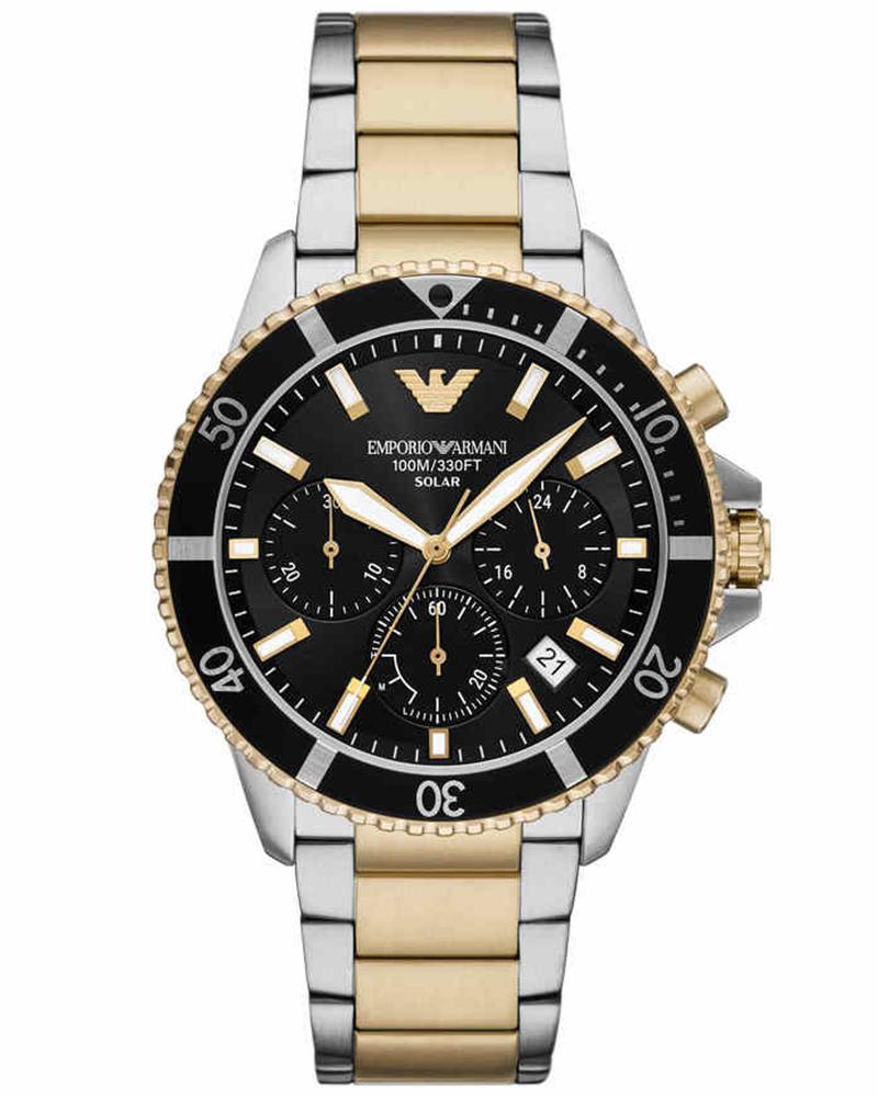 Emporio Armani AR11680 solar chronograph watch with black dial and two-tone stainless steel bracelet