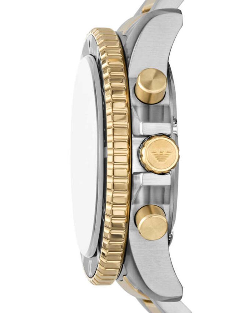 Side view of AR11680 showing three gold-tone chronograph pushers and two-tone bracelet