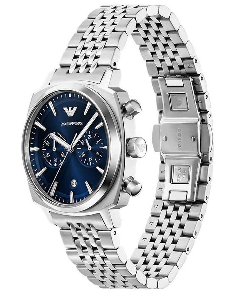 Front and back view of Emporio Armani Carlo AR11688 watch showing blue dial and stainless steel bracelet