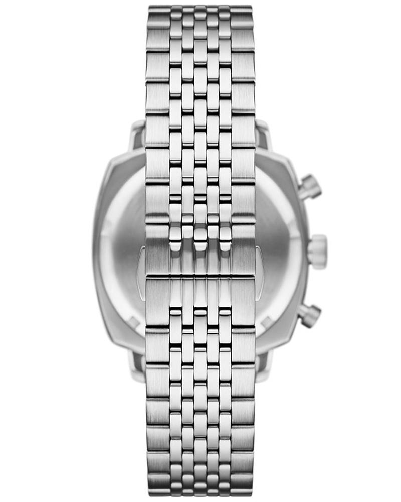 Caseback view of Emporio Armani Carlo AR11688 watch with stainless steel bracelet