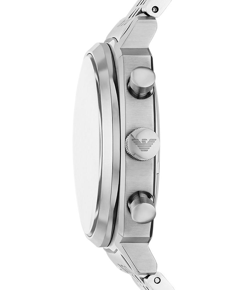 Side profile of Emporio Armani Carlo AR11688 chronograph watch showing pushers and crown