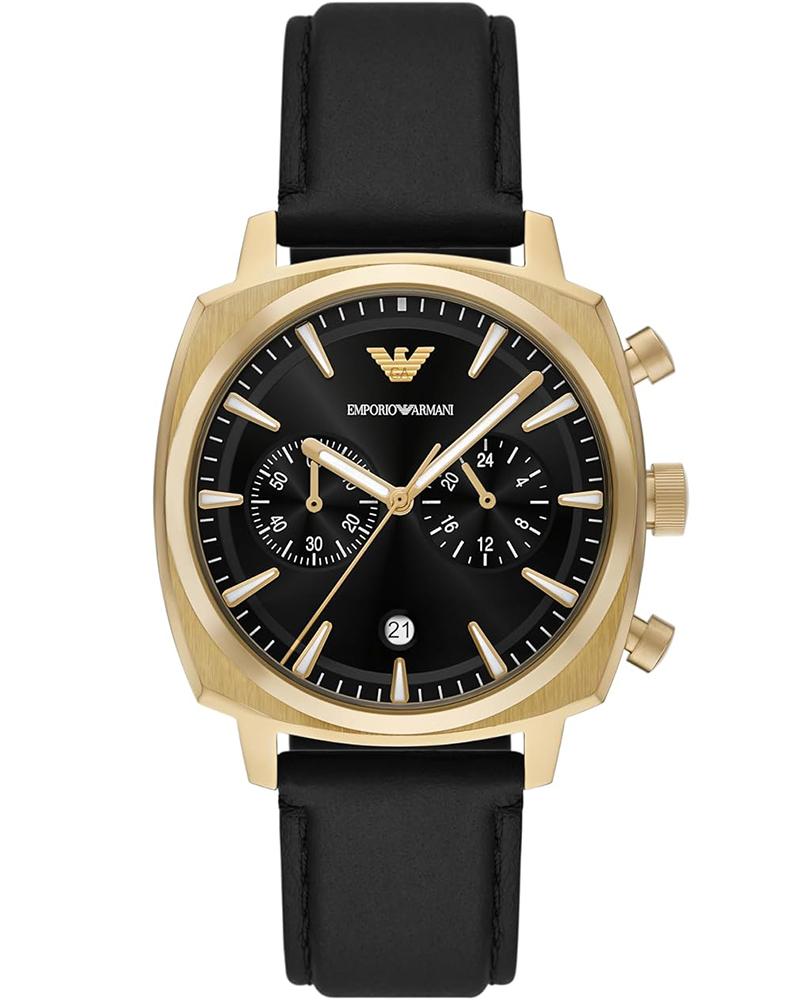 Emporio Armani AR11690 gold-tone chronograph with black dial and black leather strap
