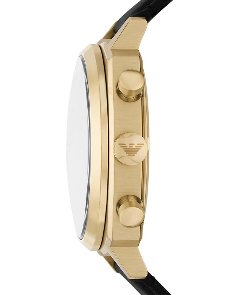 Side profile of AR11690 showing gold case depth, chronograph pushers, and black strap