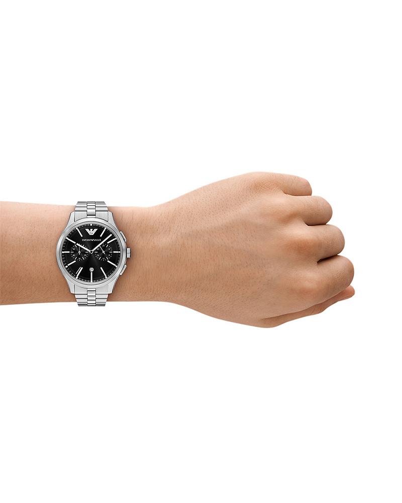 Emporio Armani Dario watch worn on wrist showing black dial and chronograph subdials