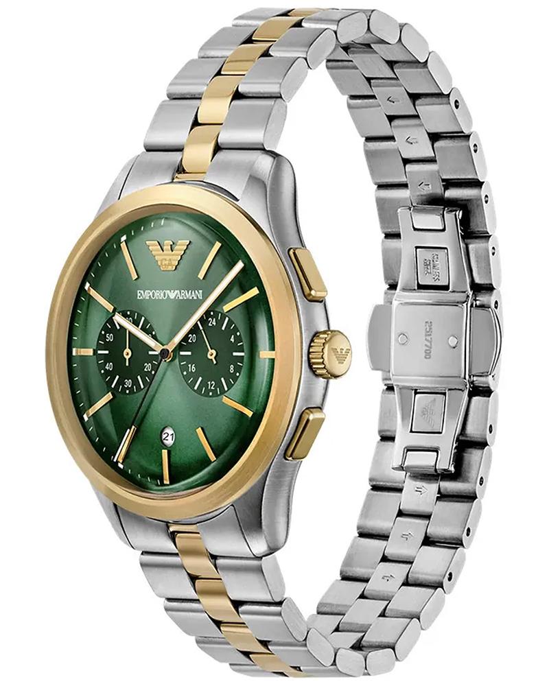 Two-tone stainless steel bracelet detail showing alternating silver and gold links with green chronograph dial