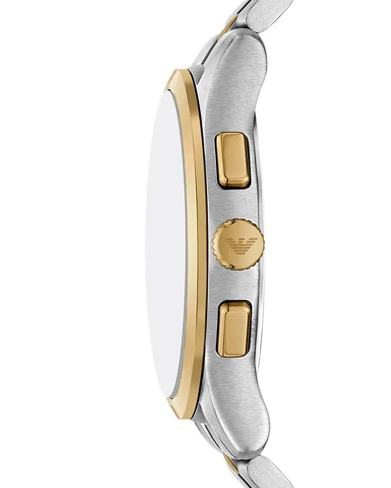 Side profile of Emporio Armani Dario watch showing gold bezel, pushers, and two-tone bracelet