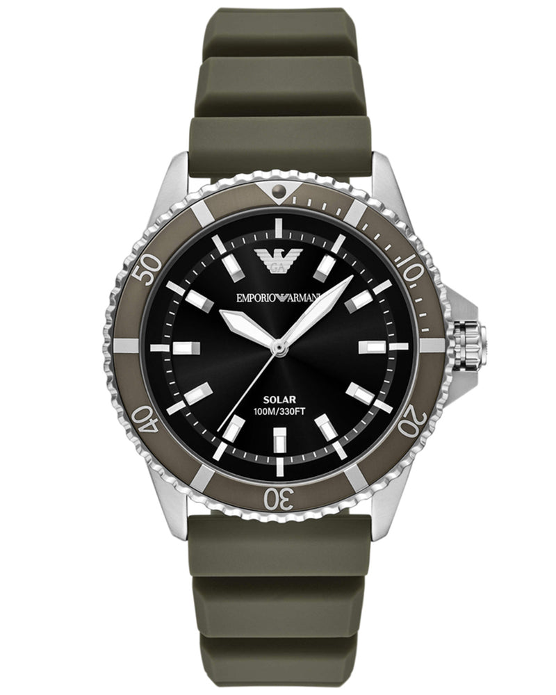 Emporio Armani AR11699 solar watch with black dial and green silicone strap