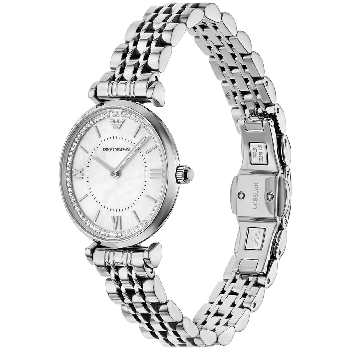 AR11701 Emporio Armani watch angled view showing crystal-set bezel and stainless steel bracelet