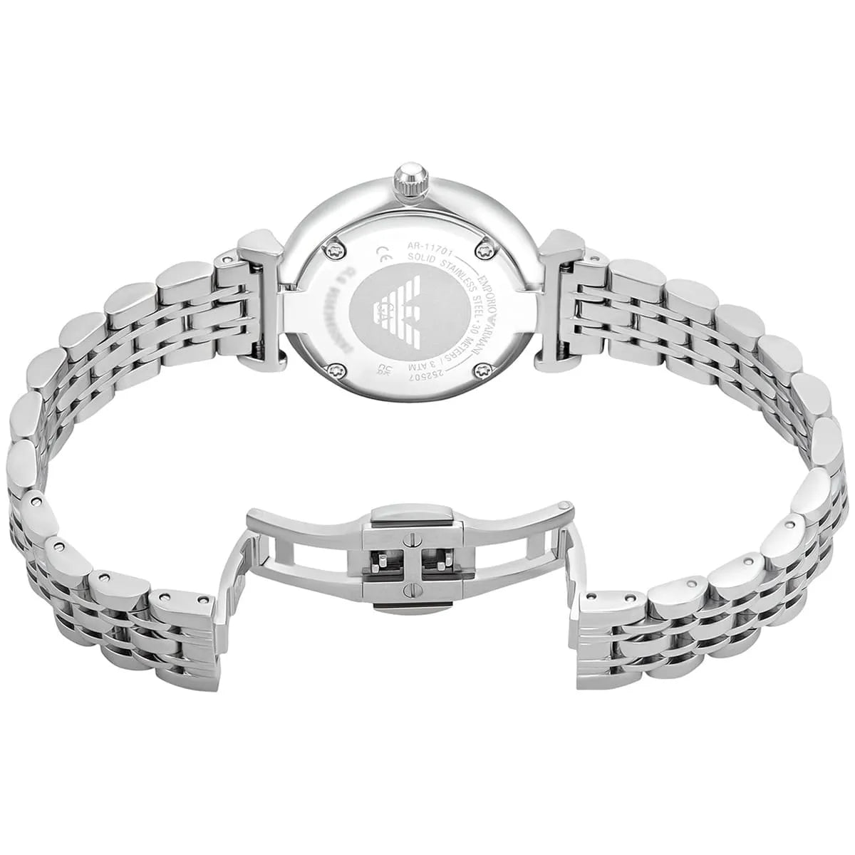 AR11701 caseback showing Emporio Armani logo and stainless steel bracelet attachment