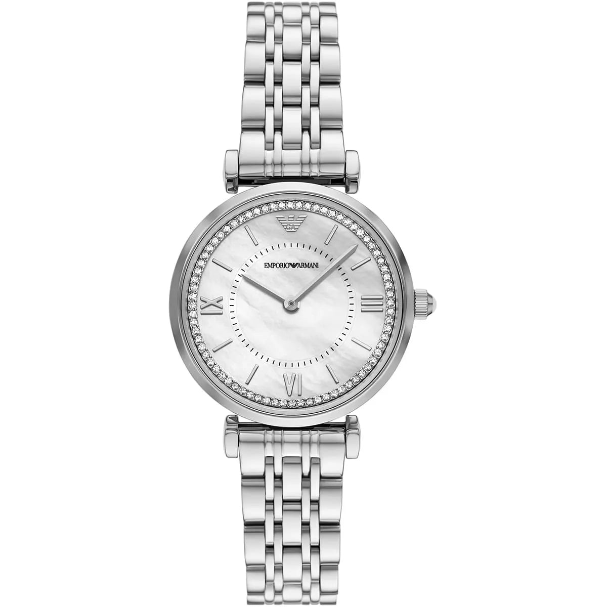 Emporio Armani AR11701 women's watch with white dial, crystal bezel, and stainless steel bracelet