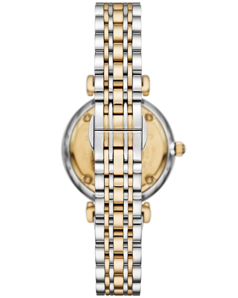 Emporio Armani watch caseback revealing two-tone metal design and case lugs