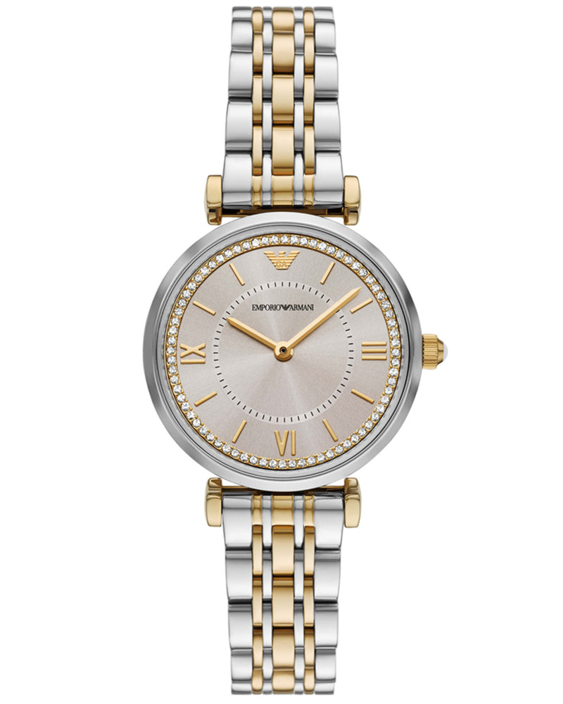 Emporio Armani two-tone women's watch with silver dial, Roman numerals, diamond bezel, and mixed metal bracelet
