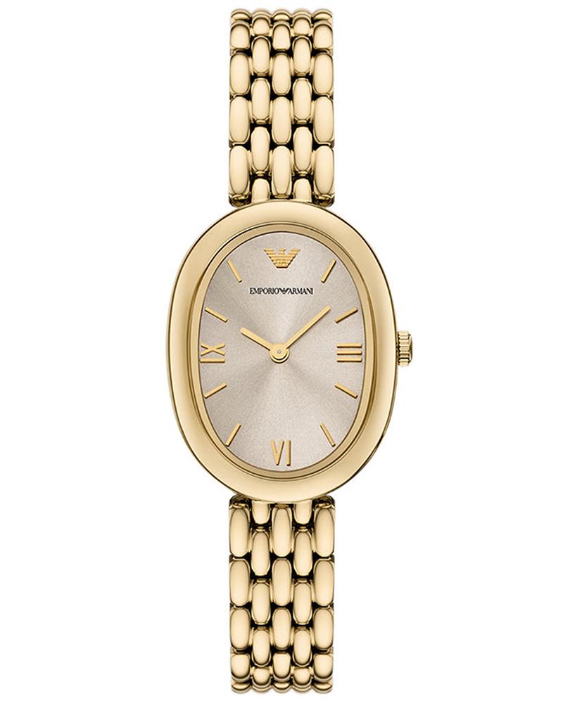 Emporio Armani Sinfonia women's watch with gold-tone oval case and bracelet, silver dial with Roman numerals
