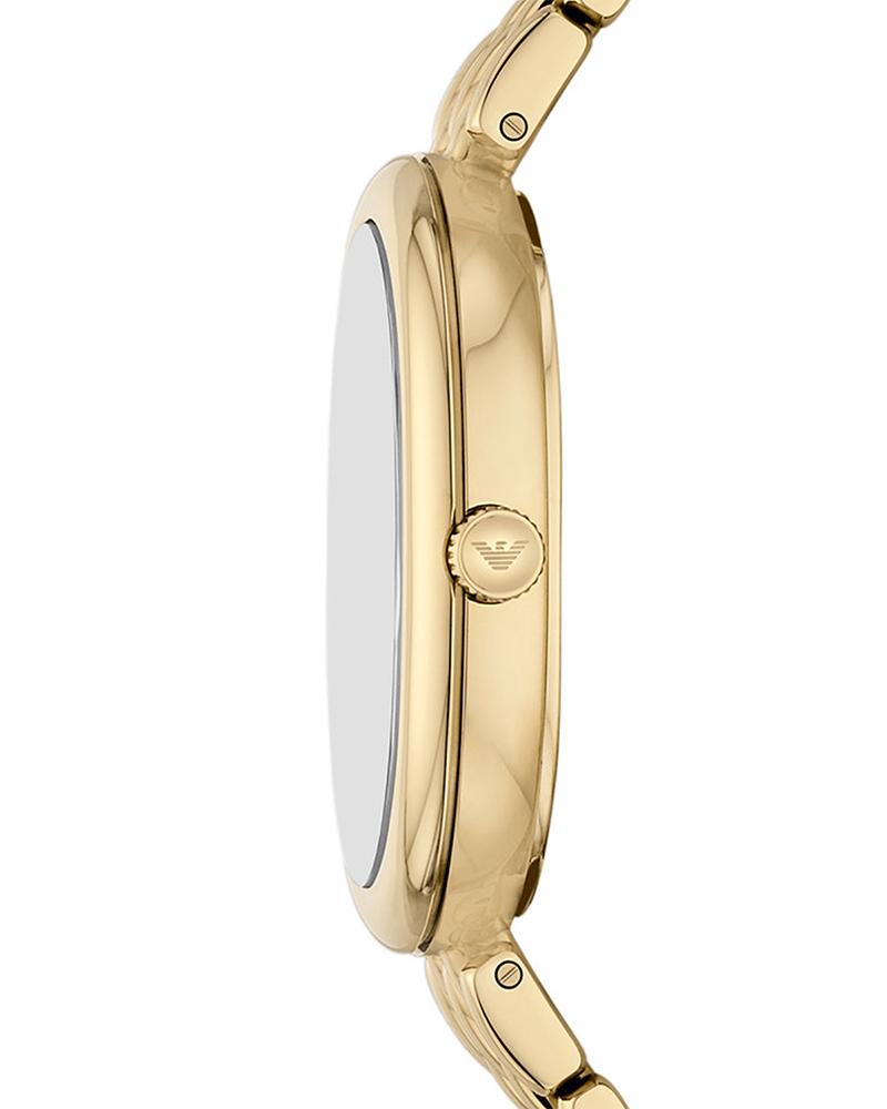 Emporio Armani Sinfonia watch side view displaying gold-tone oval case and crown detail