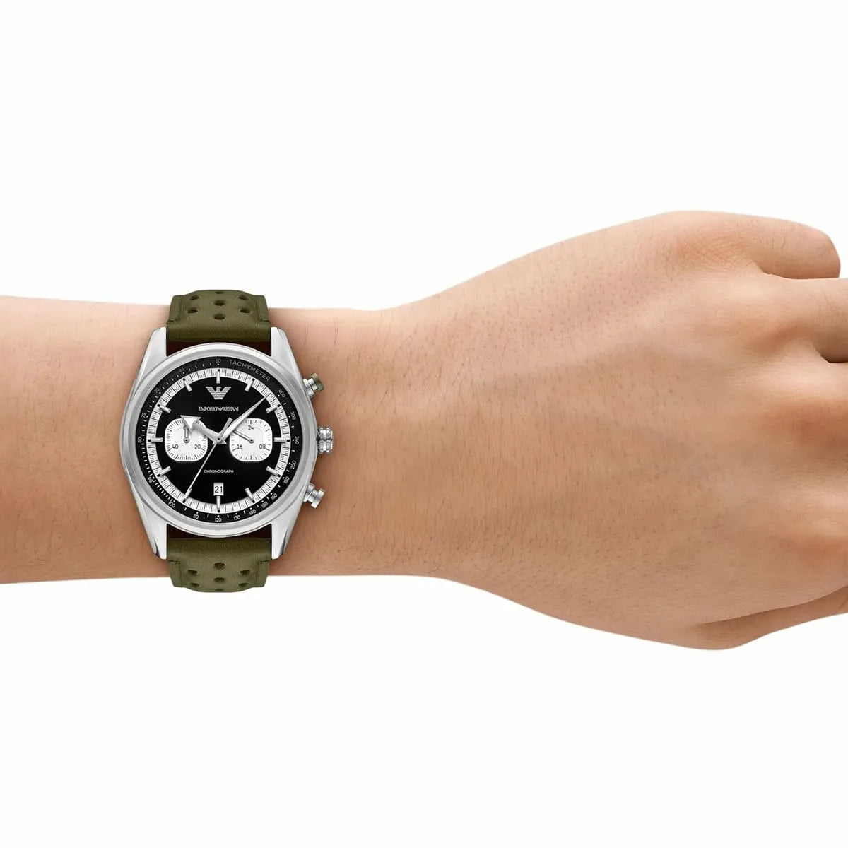 Emporio Armani AR11709 chronograph worn on wrist with black dial and green leather strap
