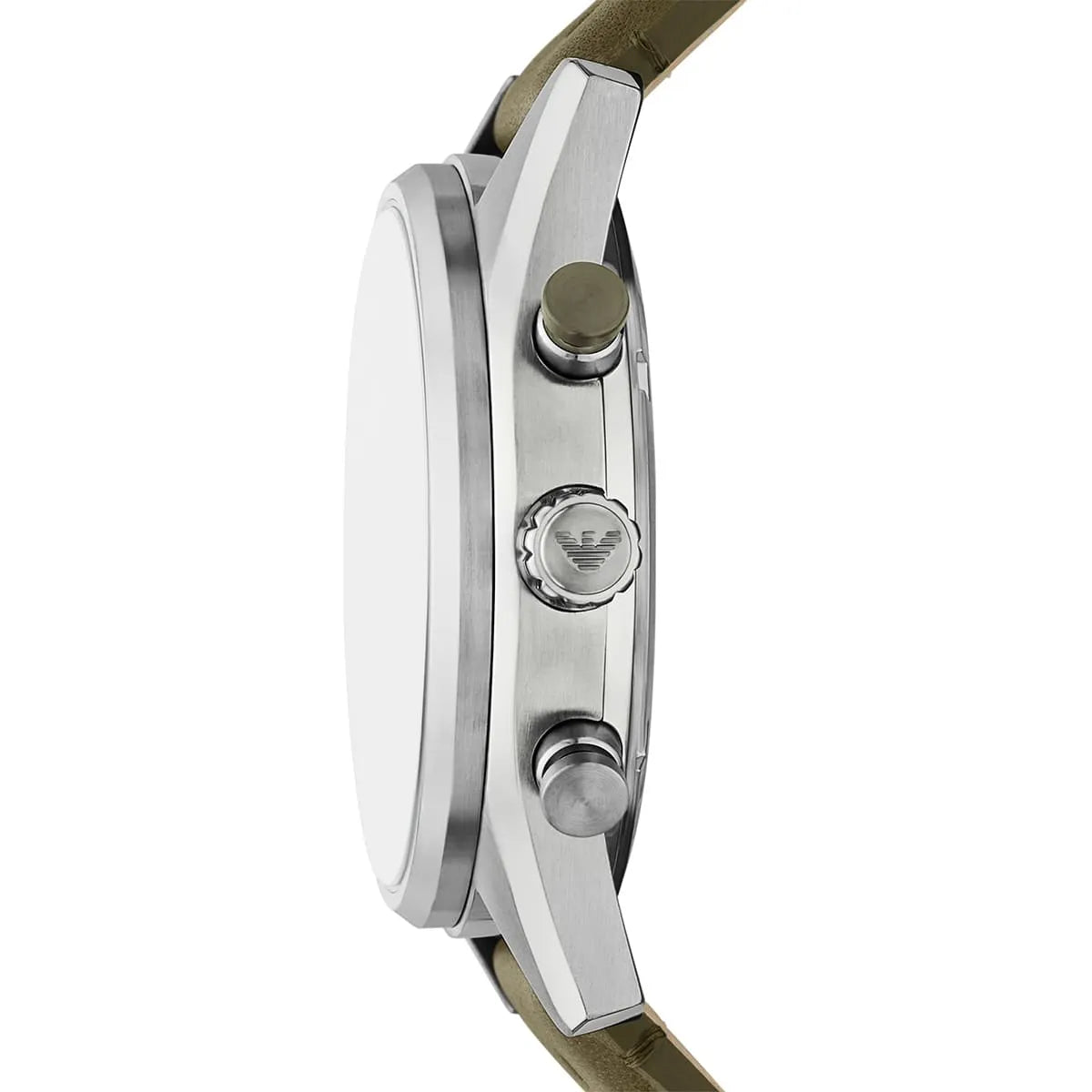Side profile of AR11709 chronograph showing silver case depth and green leather strap