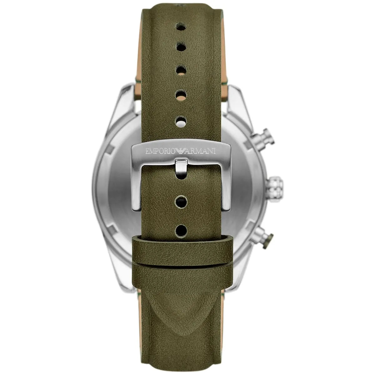 Green perforated leather strap with Emporio Armani buckle on AR11709 chronograph watch