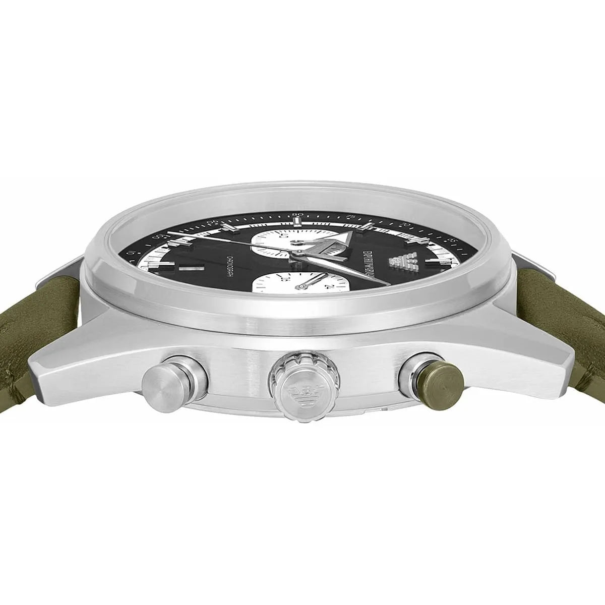 Top view of AR11709 chronograph showing white pushers on silver case with green strap