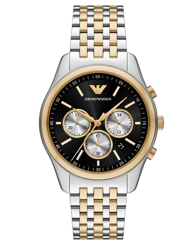 Emporio Armani AR11713 two-tone chronograph watch with black dial and gold accents