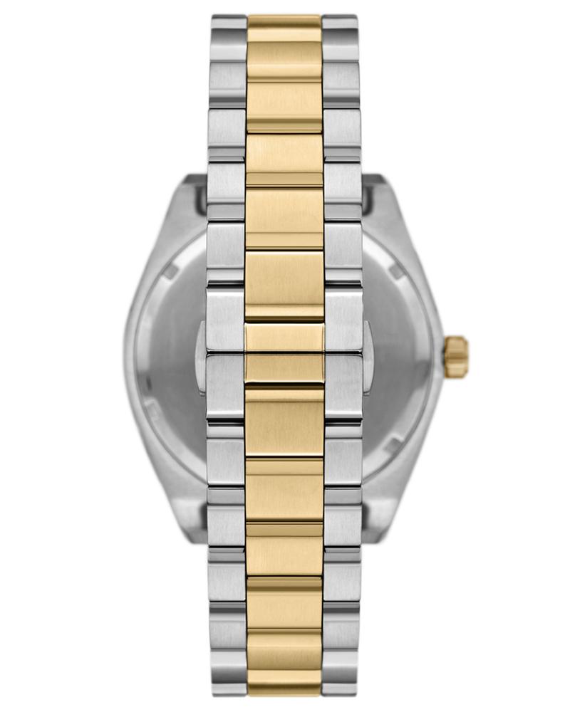 Caseback view of AR11715 showing stainless steel case and two-tone bracelet