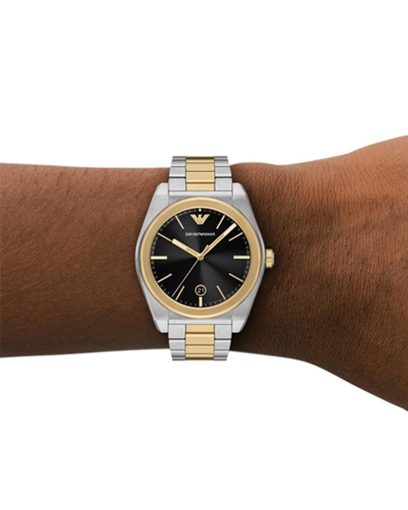 AR11715 Emporio Armani watch worn on wrist showing black dial and two-tone bracelet
