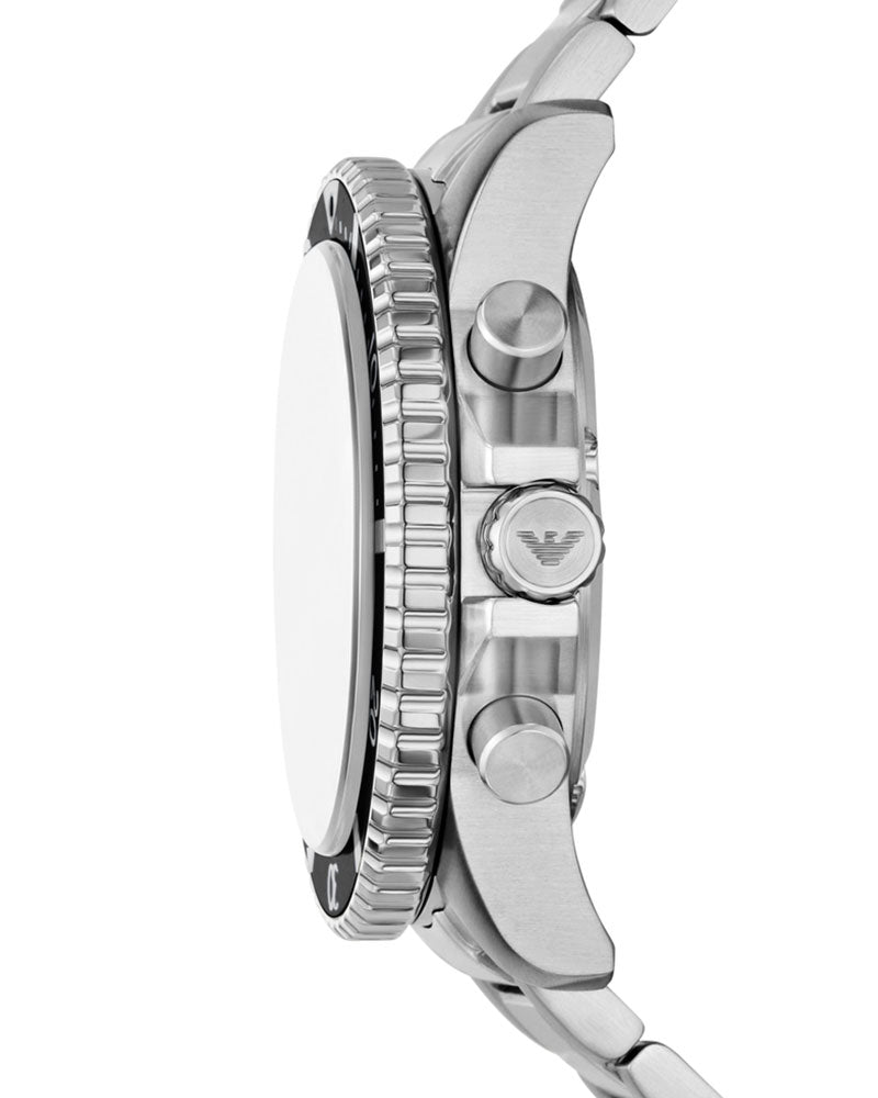 Side view of AR11739 showing stainless steel chronograph pushers and bracelet