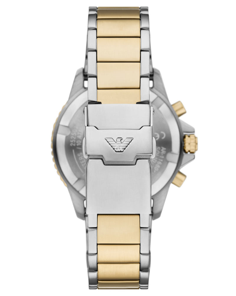 Caseback with Emporio Armani eagle logo and two-tone stainless steel construction