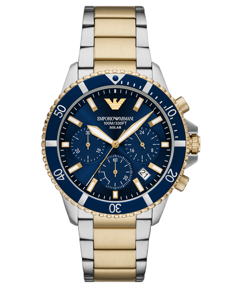 Emporio Armani AR11740 chronograph with blue dial, two-tone stainless steel bracelet, and blue rotating bezel
