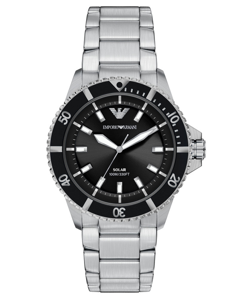 Emporio Armani AR11787 solar powered men's watch with black dial and silver steel bracelet