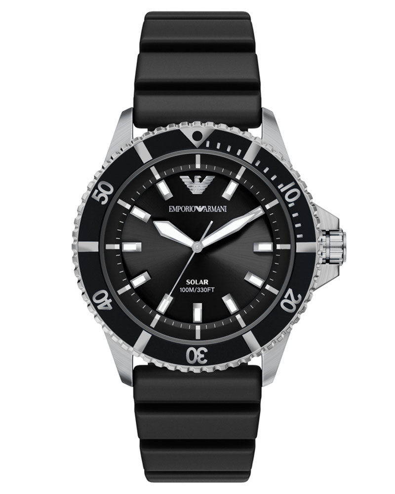 Emporio Armani AR11788 solar watch with black dial, white hour markers, stainless steel case and black rubber strap